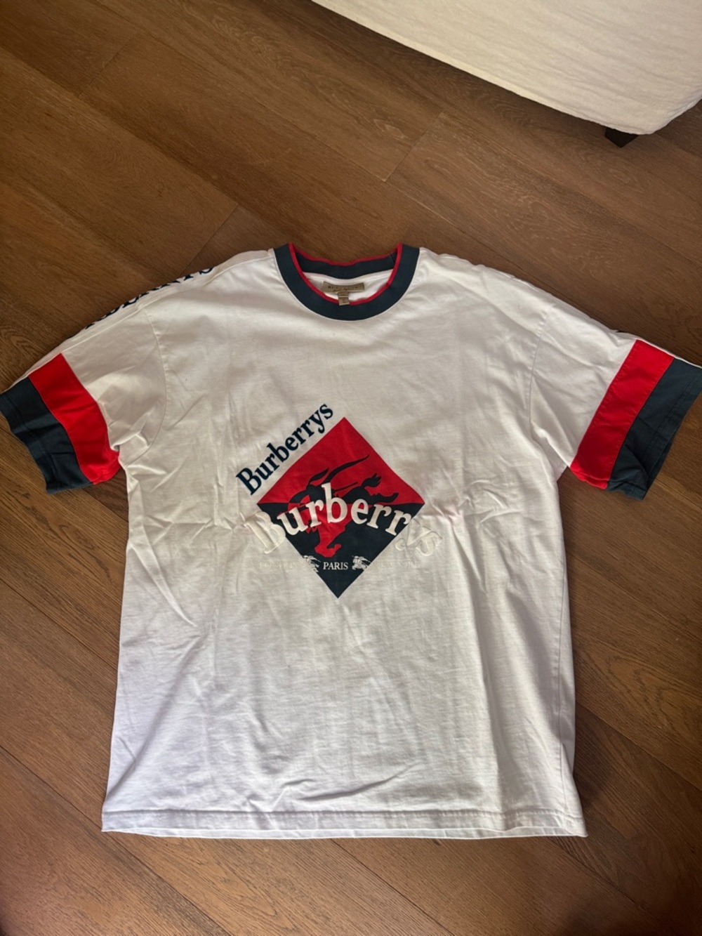 Burberry White Tee with Red & Black Graphic and Trim